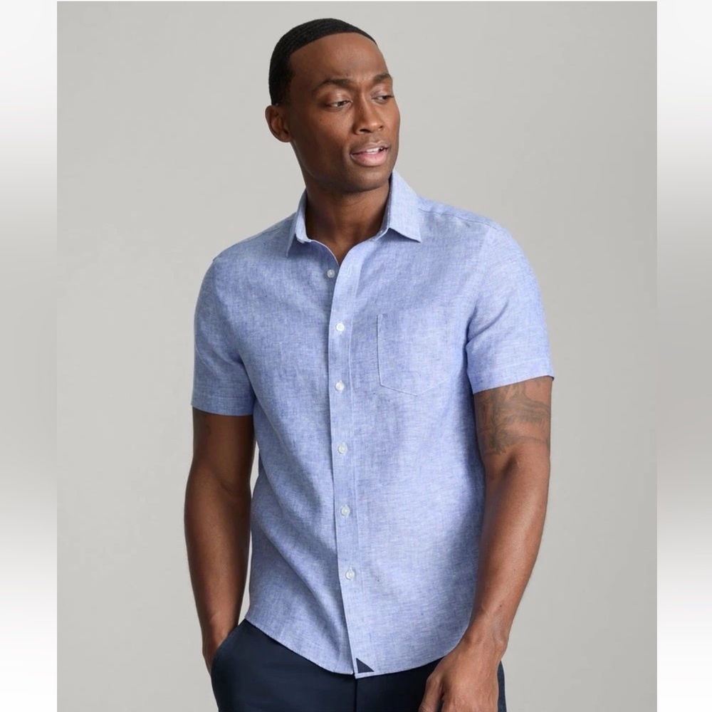 NWOT UNTUCKit Men's L Short Sleeve Button-Up Blue 100% Linen Cameron 40878 shirt